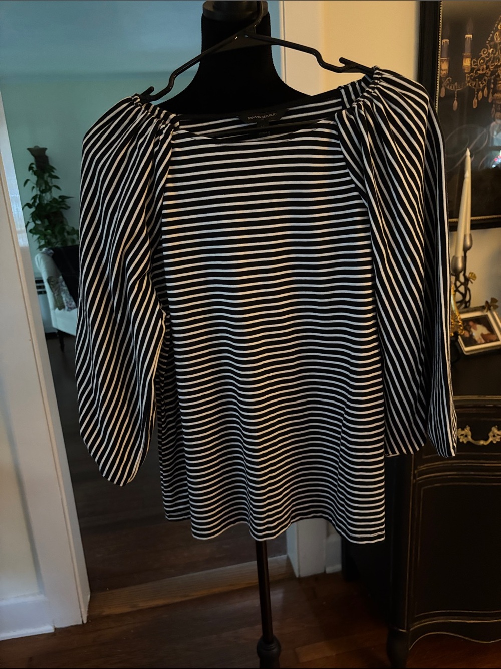 Banana Republic Black and White Striped Puff-Sleeve Top